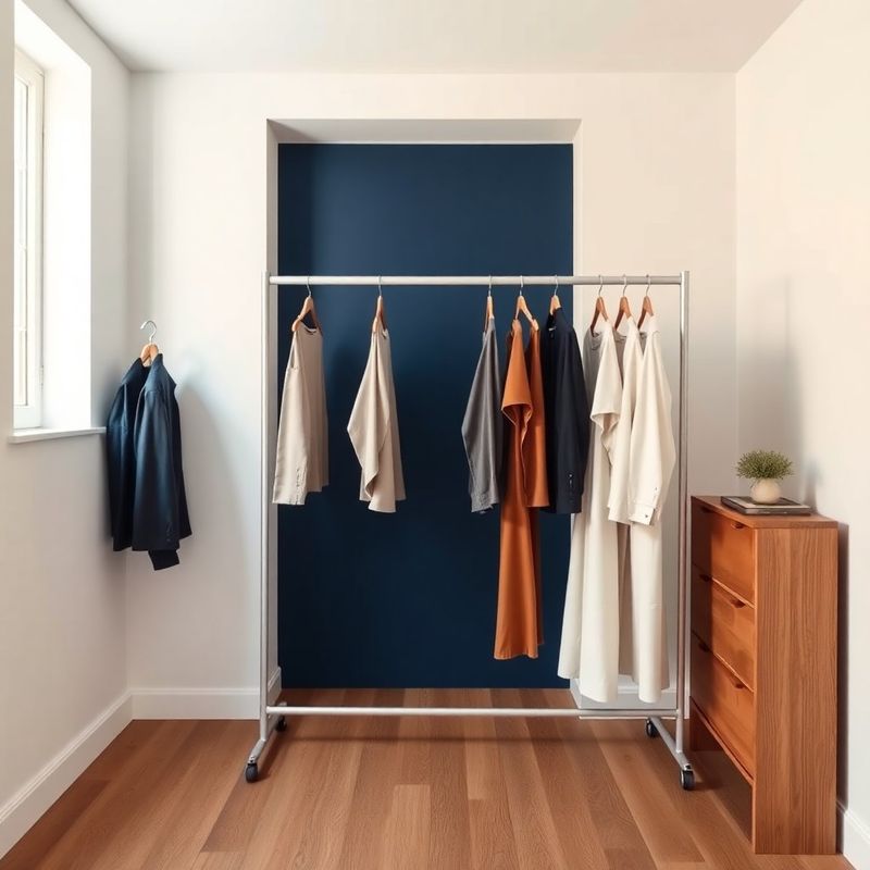Interior de showroom minimalist cu palette indigo și alb cald, podea de lemn