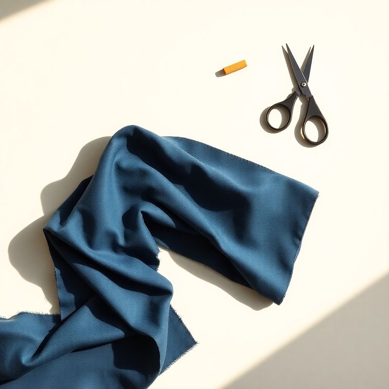Flat-lay editorial cu stofă loden indigo împăturită, foarfecă și cretă de croitor