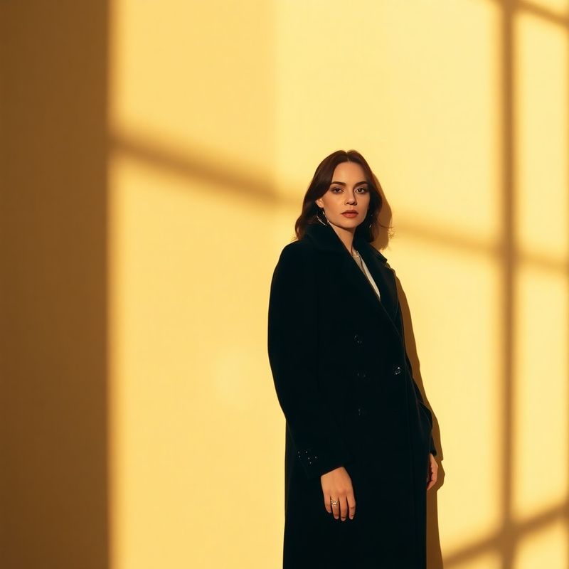 Portret editorial cu palton din lână indigo, lumină naturală directă
