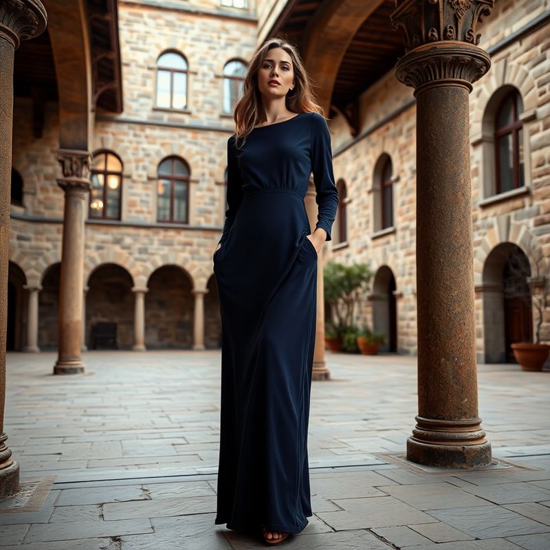 Model în rochie crepe merinos indigo în curtea Palatului Culturii Iași