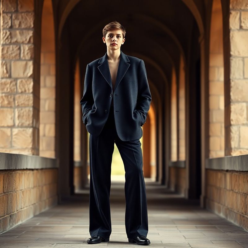 Model în pantalon wide-leg antracit și sacou cașmir, coridor Universitatea Cuza