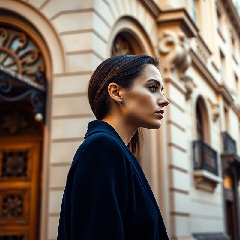 Profilul unui model în palton indigo lângă fațadă Art Nouveau pe Strada Lăpușneanu