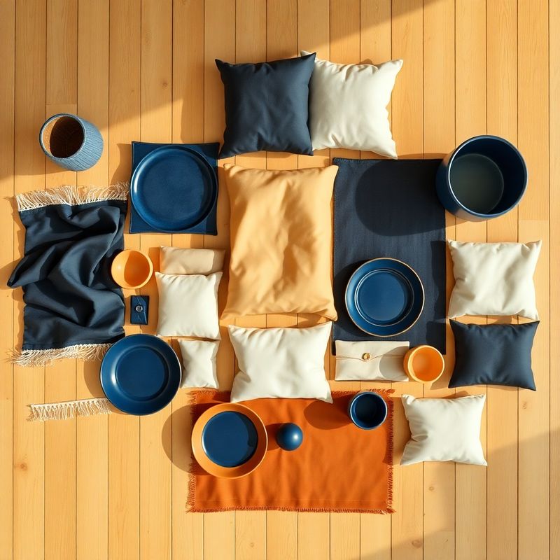 Flat-lay aerian cu întreaga colecție Indigo Profund pe podea de lemn